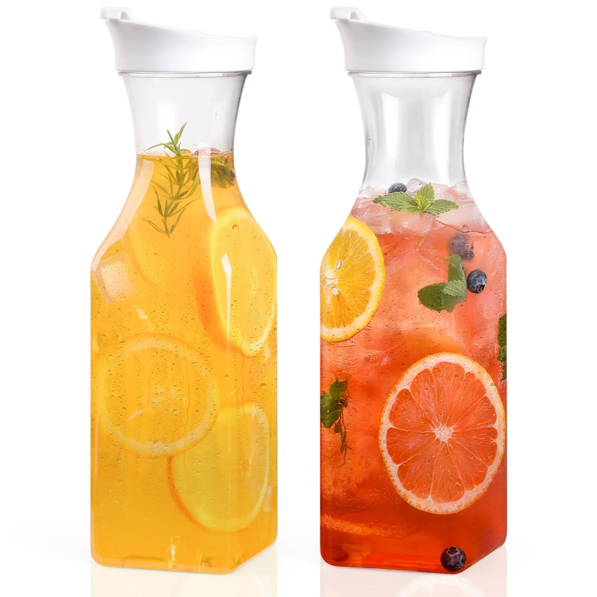 Set Of 2 Plastic Carafe With Lid, 50 Oz Mimosa Bar Supplies, Large Plastic Water Pitcher, Square Base Juice Containers For Party, Milk Container, Beverage Containers For Fridge- HAND WASH ONLY