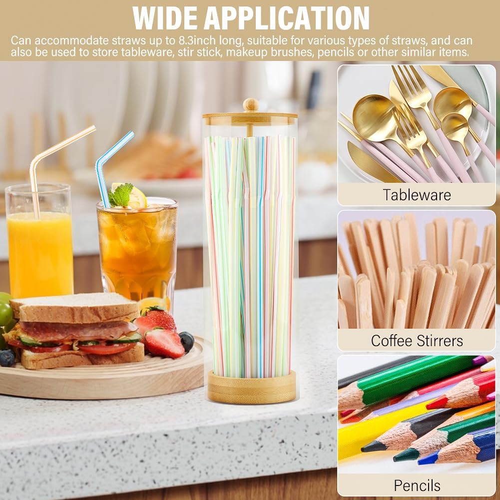 Straws Holder Dispenser with Bamboo Lid, 10-Inch Acrylic Drinking Straw Dispenser Includes 100 Colorful Straws Transparent Straw Storage Container for Kitchen,Pencils and Cutlery