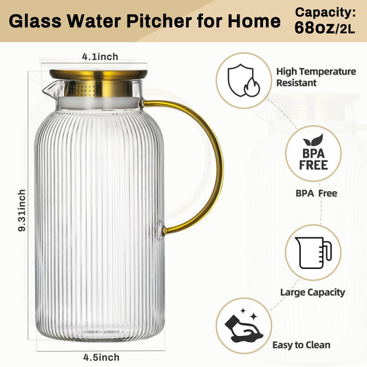 Buaic 2 PACK Glass Pitcher with Lid, 68 oz Glass Carafe with Silicone Base