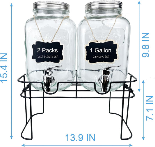 1 Gallon Glass Drink Dispenser for Parties, 2 Packs Juice Lemonade Ice Tea Water Dispenser with Stand, HENABLE Beverage Dispensers with Spigot for BBQ, Picnic, Party