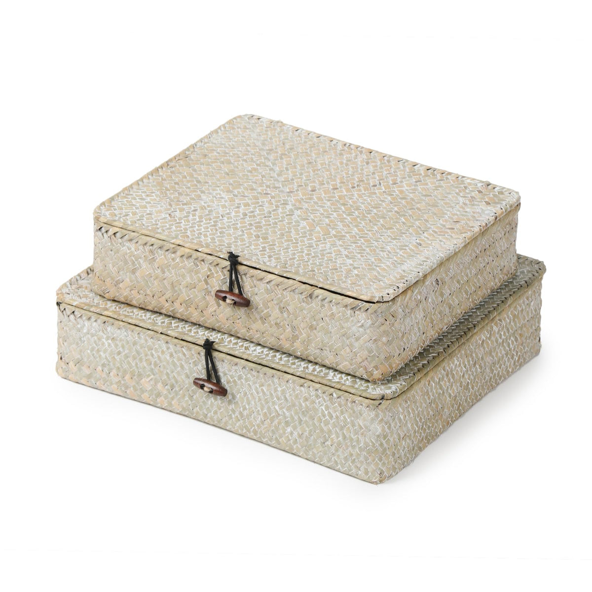 4 Pack, Wicker Baskets with Lids, Natural Seagrass Storage Baskets, Woven Rectangular Basket Bins, Rattan Storage Organizer for Shelf