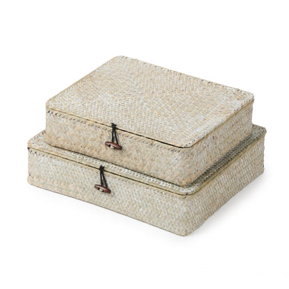 4 Pack, Wicker Baskets with Lids, Natural Seagrass Storage Baskets, Woven Rectangular Basket Bins, Rattan Storage Organizer for Shelf