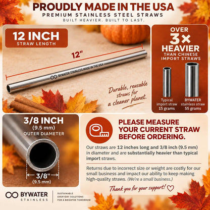 Made in USA Bywater Stainless Steel 12 Inch Straw Set of 2 Food Grade Premium Straws. Fits Stanley, Yeti Straw Lid and Many Others With Standard Straws. DOES NOT FIT FLIP STYLE LIDS