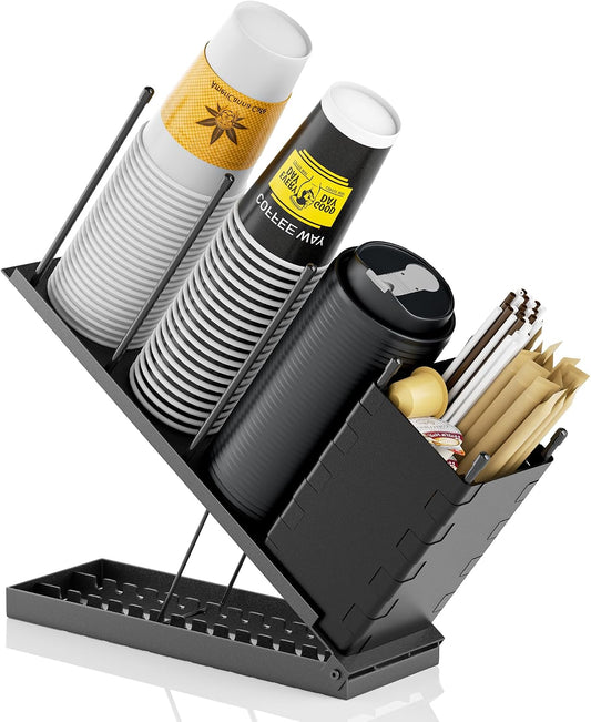 Dunatou Adjustable Cup and Lid Holder with Straw Holder & Storage Box – 4-Compartment Coffee Cup Organizer Dispenser for Countertop, Office Coffee Bar Station, Ninja Slushi Machine, Dirty Soda Bar