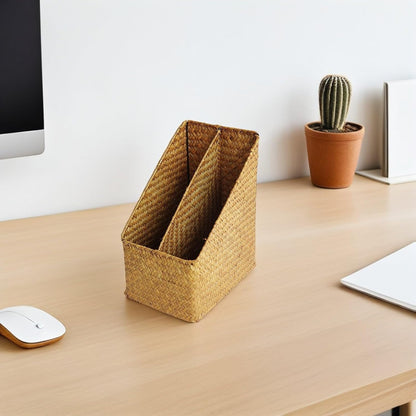 Vertical File Folder Storage Organizer Basket, Thickened Straw Woven