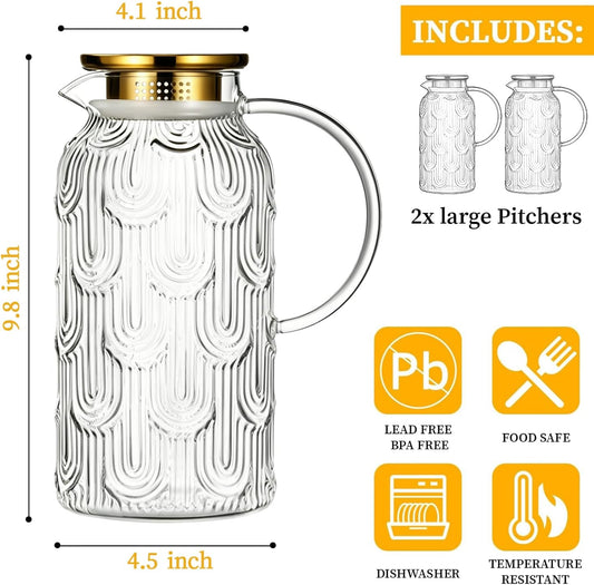 Buaic 2 PACK Glass Pitcher with Lid, 68 oz Vintage Water Carafe for Fridge