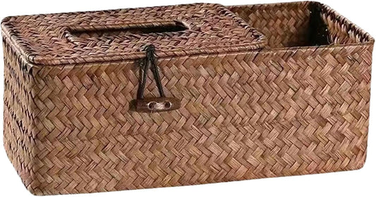 Tissue Box Covers Square Tissue Box Holder, Straw Woven Tissue Box Covers, Rustic Tissue Box with Side Storage Holder, Decorative Facial Tissue Holder for House Office Car Hotel, 24x12x9 Cm