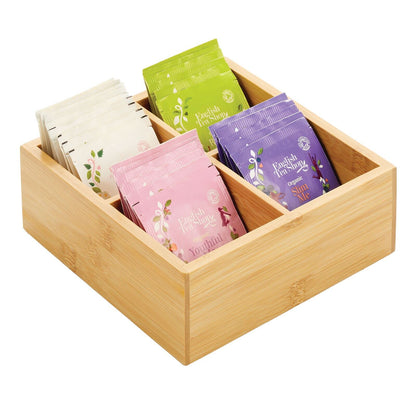 mDesign Slim Bamboo Wood Compact Food Storage Organizer Bin - 3 Divided Sections - Holder for Seasoning Packets, Pouches, Soups, Spices, Snacks - Natural