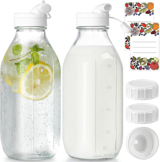 Syntic 2 Pack 32 Oz Glass Milk Bottles with Airtight Lids & 2 Caps
