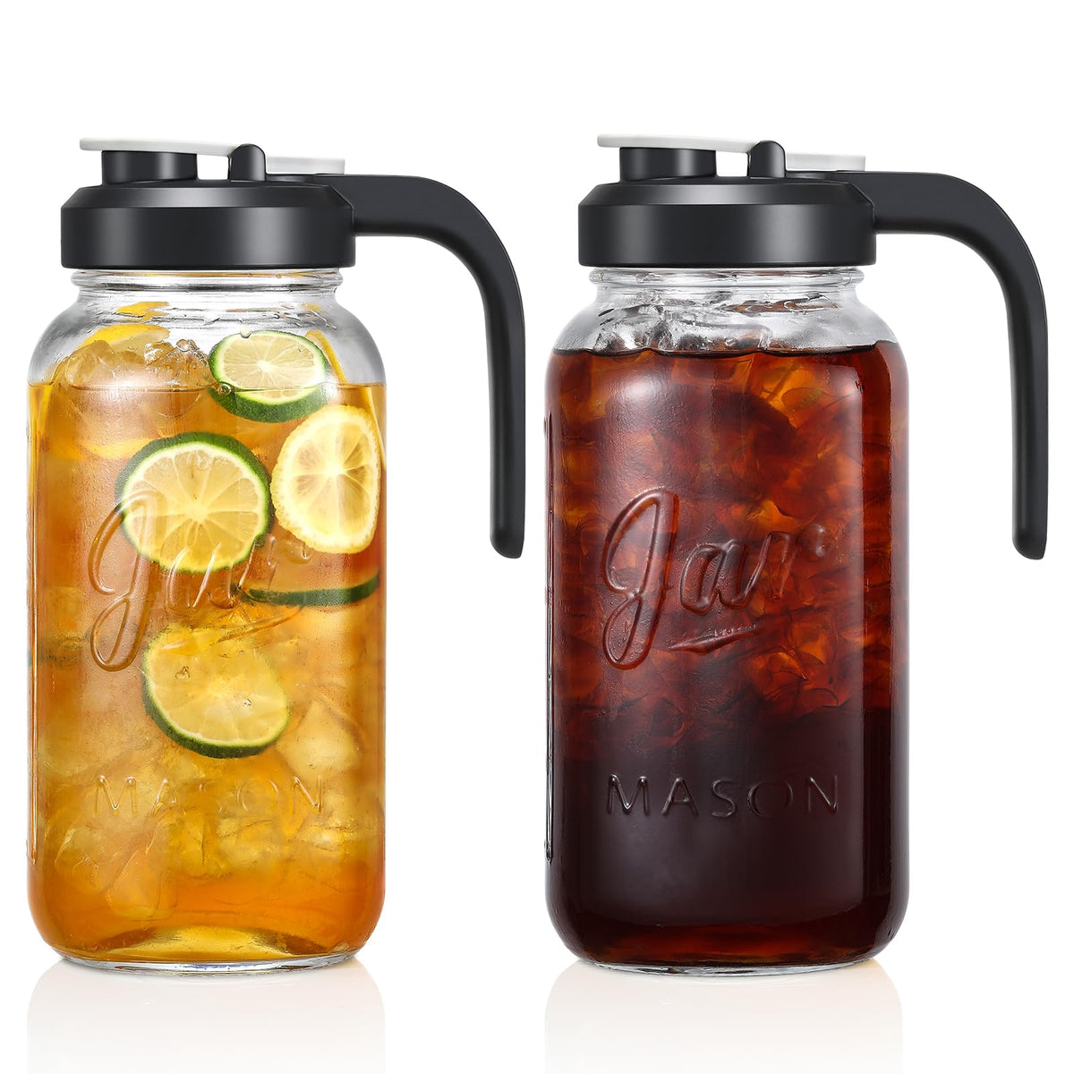 Set of 2, Glass Pitcher with Lid - 2 Quart Mason Jar Pitcher with Filter Lid, Wide Mouth Jar Leak-proof Water Jug, Heavy Duty Container for Water, Juice, Milk, Tea, Iced Coffee, and Drinks