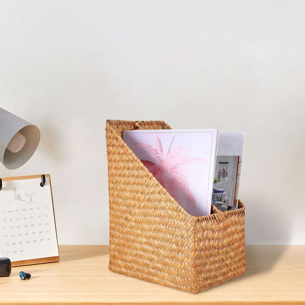 Vertical File Folder Storage Organizer Basket, Thickened Straw Woven