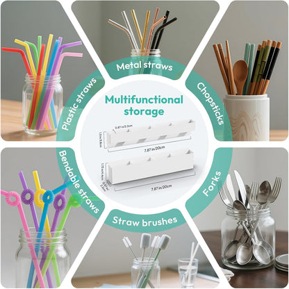 Metal Straw Holder for Cabinet Door with Magnetic and Double Sided Adhesive Tape,Reusable Tumbler Straw Organizer Storage for Refrigerator,Kitchen Accessories Container (White)