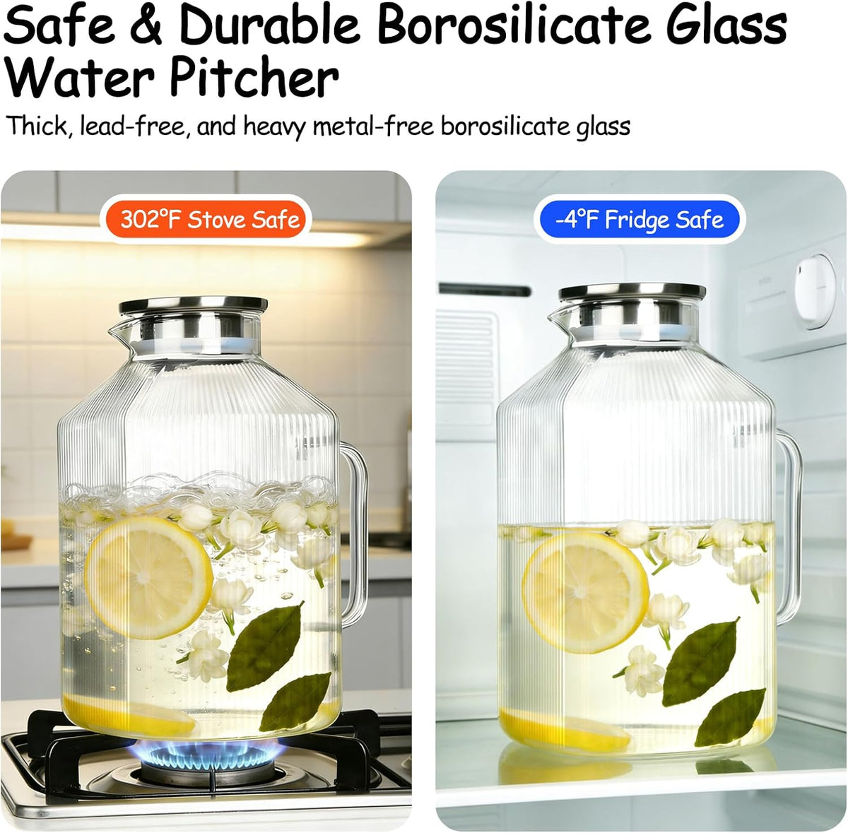 1 Gallon Glass Pitcher with Lid, Square Borosilicate Glass Carafe