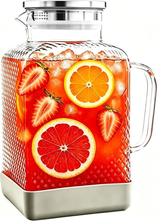 Glass Pitcher with Lid, 1 Gallon Glass Water Pitcher with Handle for Fridge, Iced Tea Pitcher, Cold/Hot water jug,Large Jug for Coffee, Juice and Homemade Beverage