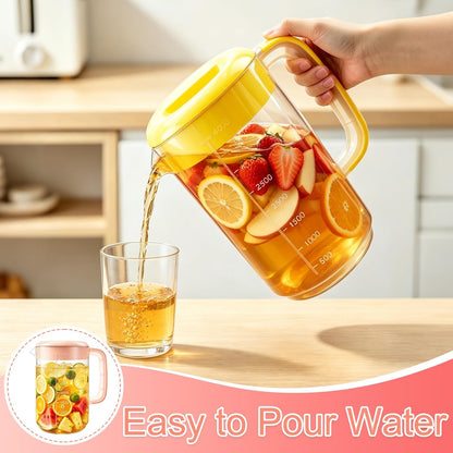 Nexboraque 2 Pack 1 Gallon Plastic Straining Pitcher with Lid - Large Water Pitcher with Handle and Measurements for Cold Drinks and Iced Tea - Pink, Yellow
