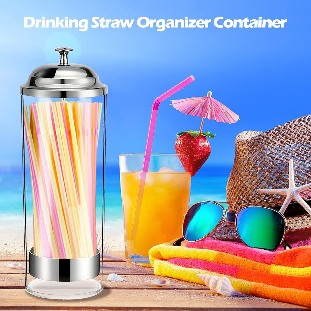 Glass Straw Dispenser Holder with 100PCs Straws & Stainless Steel Lid - Transparent Drinking Straw Organizer Dispenser for Kitchen