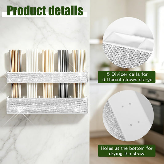 Bling 9.6” Large Acrylic Straw Holder for Cabinet Door, Reusable Adjustable Two-Part Glitter Straws Organizer, Sparkle Straw Storage with Ultra Sticky Adhesive Strips for Cupboard (White)