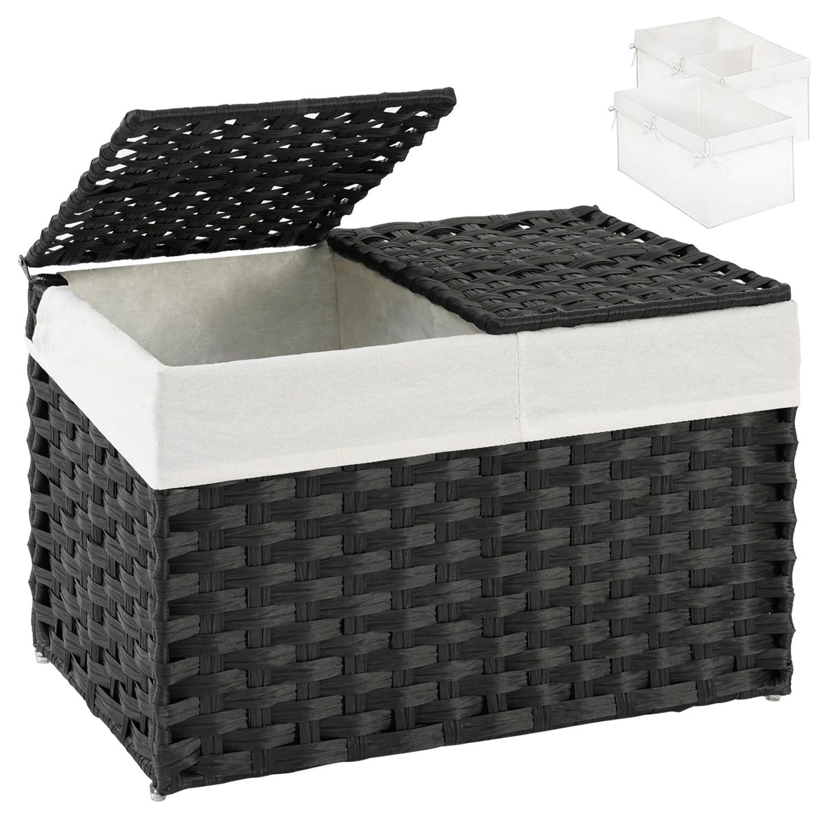 SETVSON Storage Basket with Lid Rattan Woven Storage Baskets with 2 Separate Lids, 17.2 Gallon (65 L), 22 x 13 x 13.8 Inches,Foldable, 2 Removable Liner Bags Handles for Bedroom, Laundry Room Natural