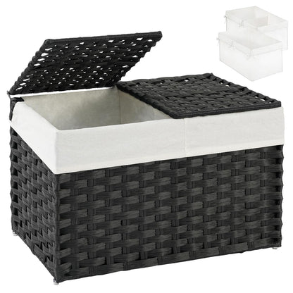 SETVSON Storage Basket with Lid Rattan Woven Storage Baskets with 2 Separate Lids, 17.2 Gallon (65 L), 22 x 13 x 13.8 Inches,Foldable, 2 Removable Liner Bags Handles for Bedroom, Laundry Room Natural