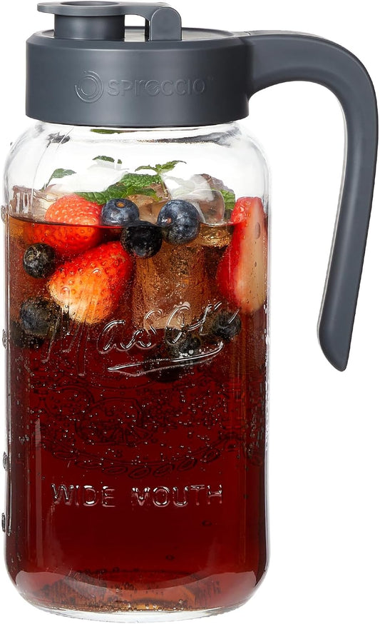 64 oz Mason Jar Pitcher with Lid - Wide Mouth, 2 Quart Glass Water Pitcher with Lid - Heavy Duty, Leak Proof - Sun & Iced Tea, Cold Brew Coffee, Lemonade (1, Gray)