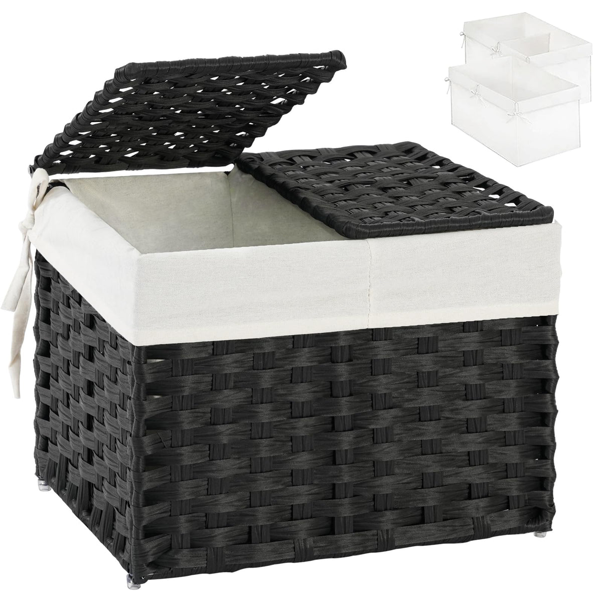 SETVSON Storage Basket with Lid Rattan Woven Storage Baskets with 2 Separate Lids, 17.2 Gallon (65 L), 22 x 13 x 13.8 Inches,Foldable, 2 Removable Liner Bags Handles for Bedroom, Laundry Room Natural