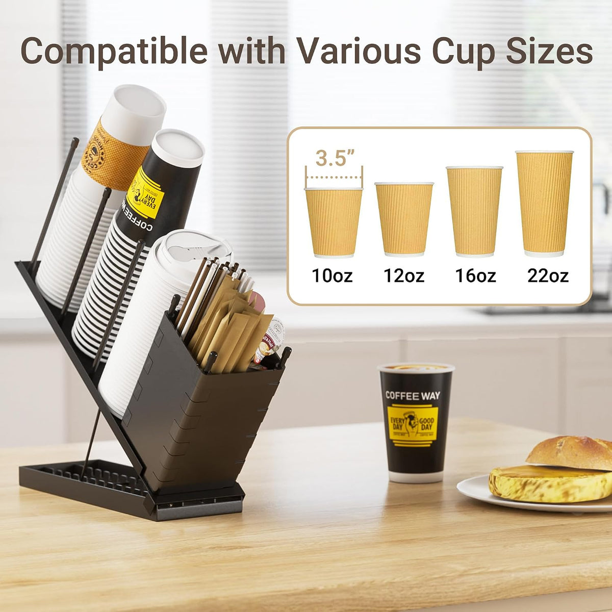 Dunatou Adjustable Cup and Lid Holder with Straw Holder & Storage Box – 4-Compartment Coffee Cup Organizer Dispenser for Countertop, Office Coffee Bar Station, Ninja Slushi Machine, Dirty Soda Bar