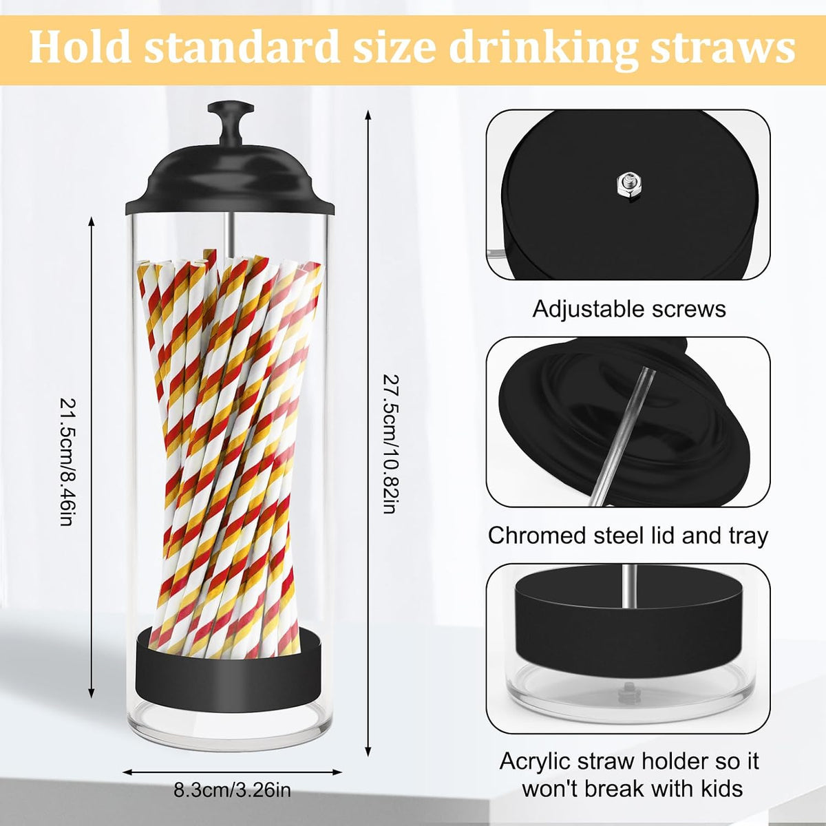 10.8 Inch Straw Holder for Standard Size Drinking Straws with Lid Black