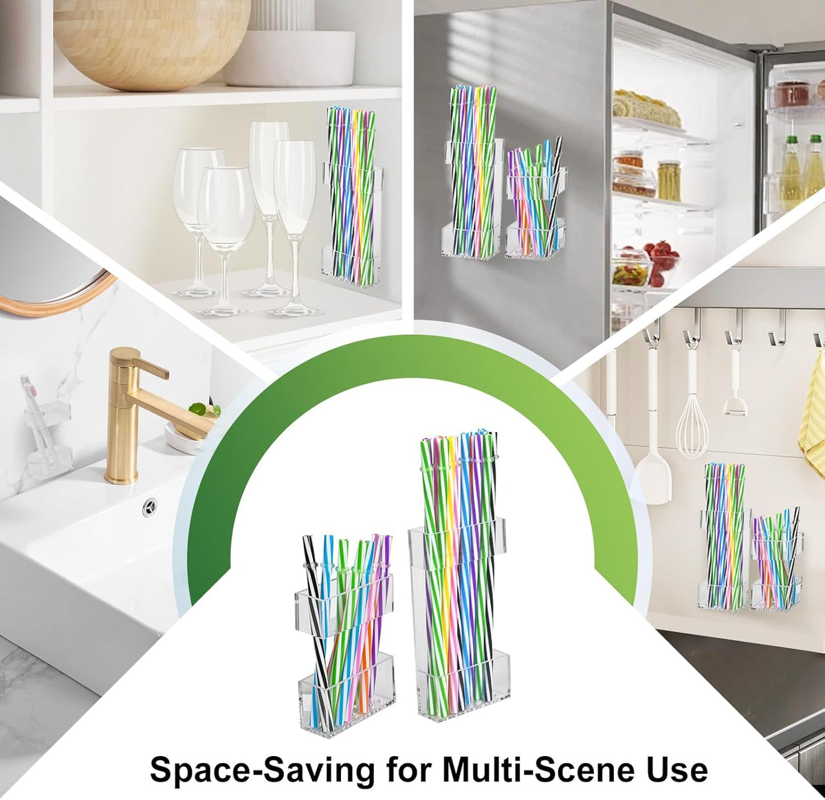 2 PACK Acrylic Straw Holder for Cabinet Doors, Reusable Straw Organizer with Ultra-Sticky Adhesive, Small Kitchen Accessories Container, Fits Both Short & Long Straws (Transparent)
