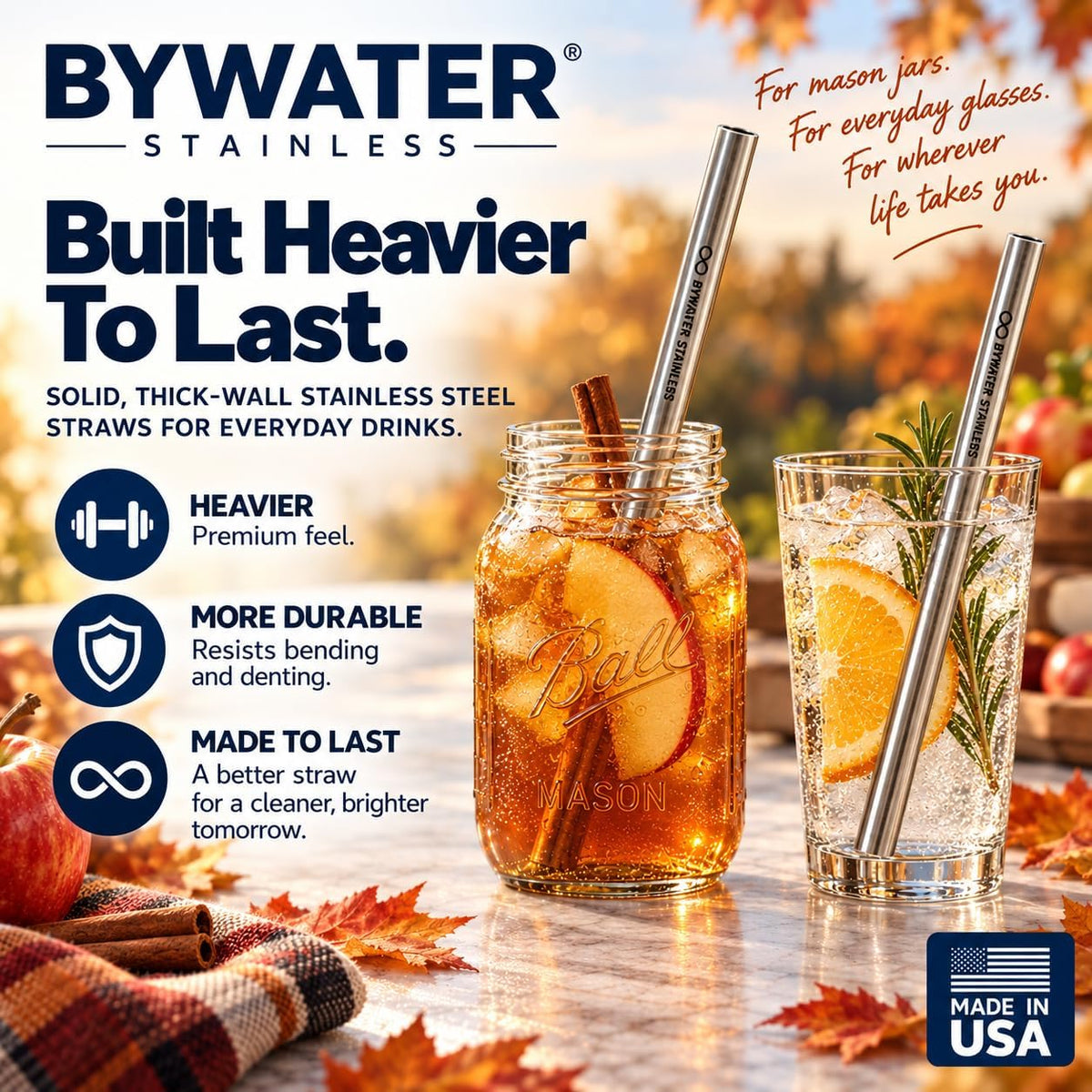 Made in USA 8.5" Stainless Steel Straw Set of 2 – FOR OPEN STRAW LIDS ONLY. Not compatible with flip style lids where straw inserts below lid. Not compatible with Owala Freesip.