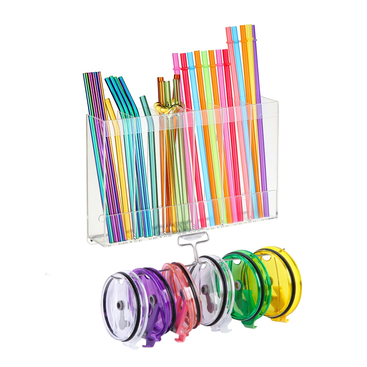 10''Acrylic Straw Holder for Cabinet Door with Tumbler Straw Organizer,Large Straw Storage with Washable Sticky Reusable Cup Lid Holder,Water Bottle Accessories Organizer for Kitchen(Clear)