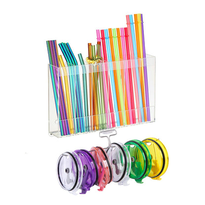 10''Acrylic Straw Holder for Cabinet Door with Tumbler Straw Organizer,Large Straw Storage with Washable Sticky Reusable Cup Lid Holder,Water Bottle Accessories Organizer for Kitchen(Clear)