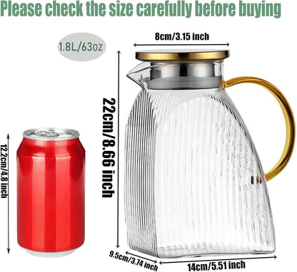 Water Pitcher Glass for Fridge, for 1.8L/63oz Fridge Door with Stainless Steel Lid, High Borosilicate Glass Carafe Pitcher for Hot or Cold Homemade Drinks