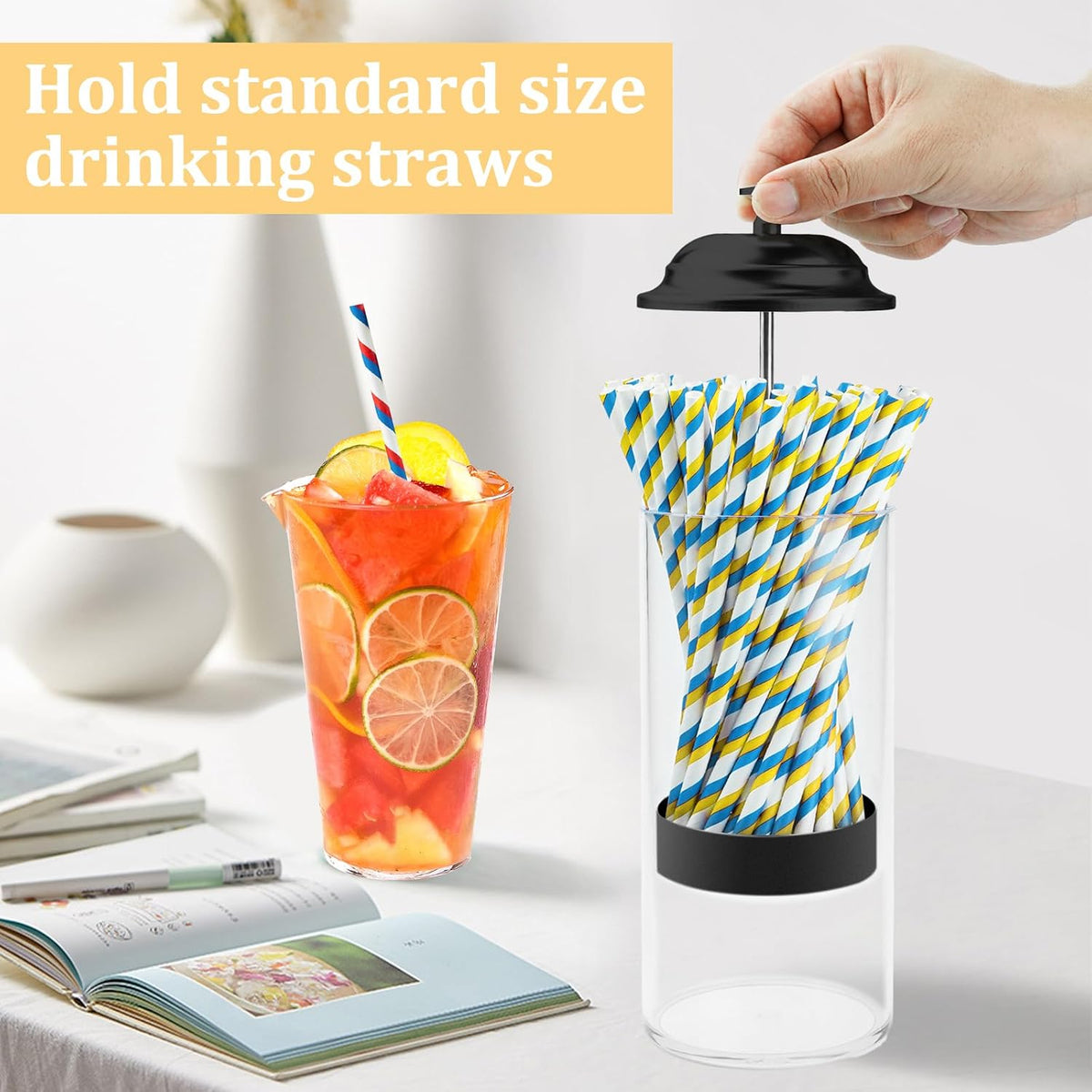 10.8 Inch Straw Holder for Standard Size Drinking Straws with Lid Black