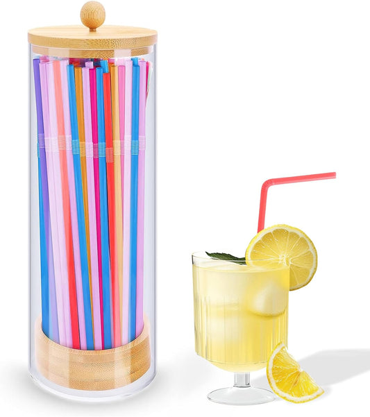 TPQKA Acrylic Straw Holder Dispenser with Bamboo Lid, 100 Straws, 10 Inch