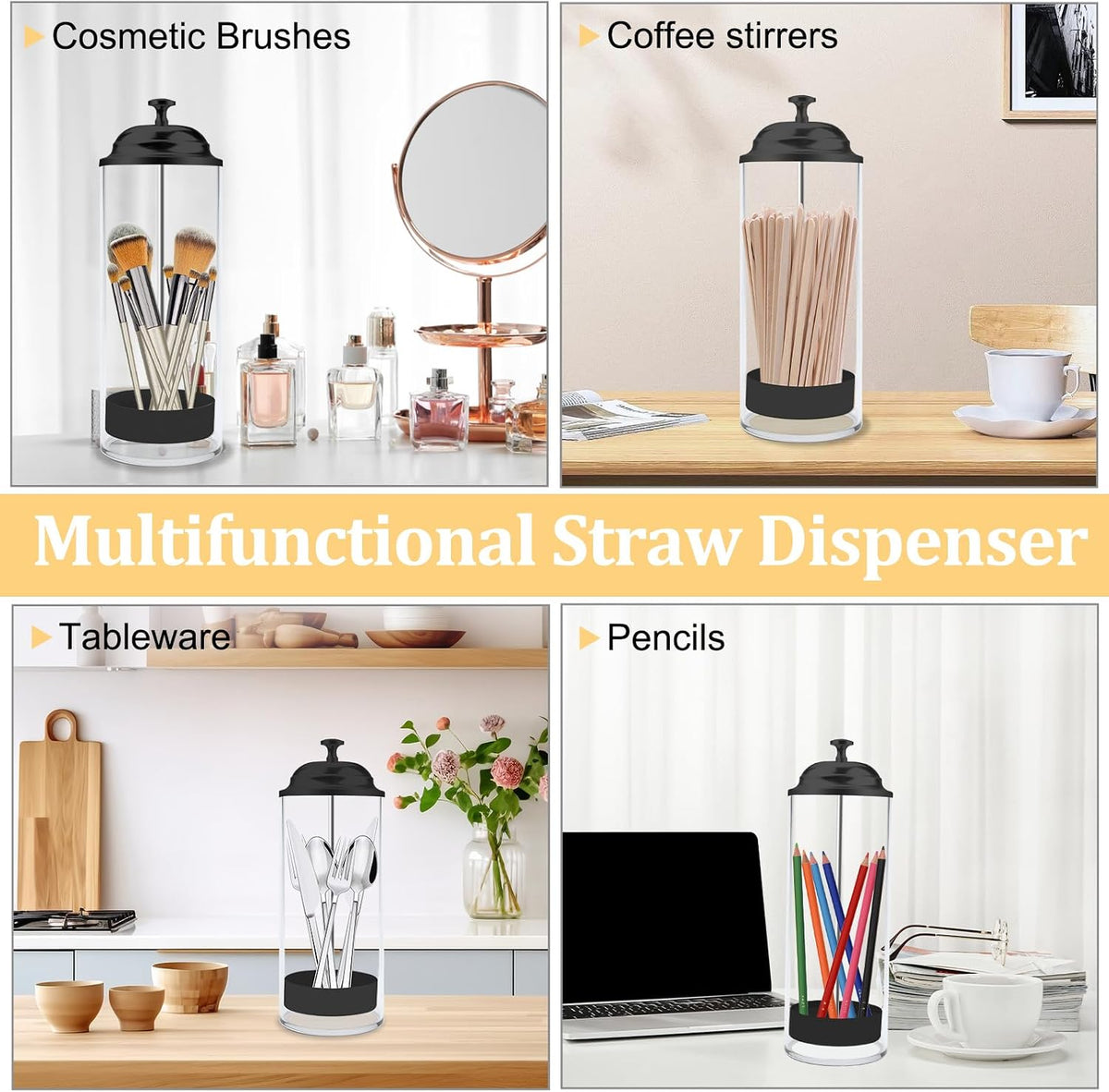10.8 Inch Straw Holder for Standard Size Drinking Straws with Lid Black