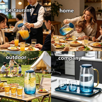 1.5L Borosilicate Glass Water Pitcher, Food-Grade PP Lid, Shatterproof Leak-Proof, Wide Mouth, Nordic Gradient Blue, Fridge Safe