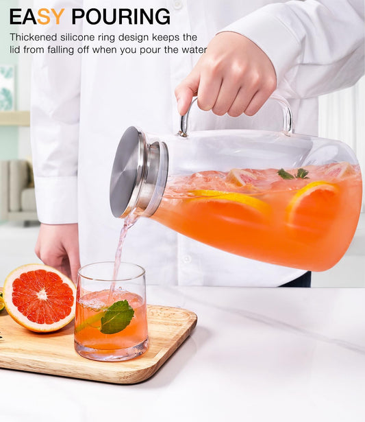 2 Liter 68oz Borosilicate Pitcher with Lid, Glass Jug with Handle and Spout