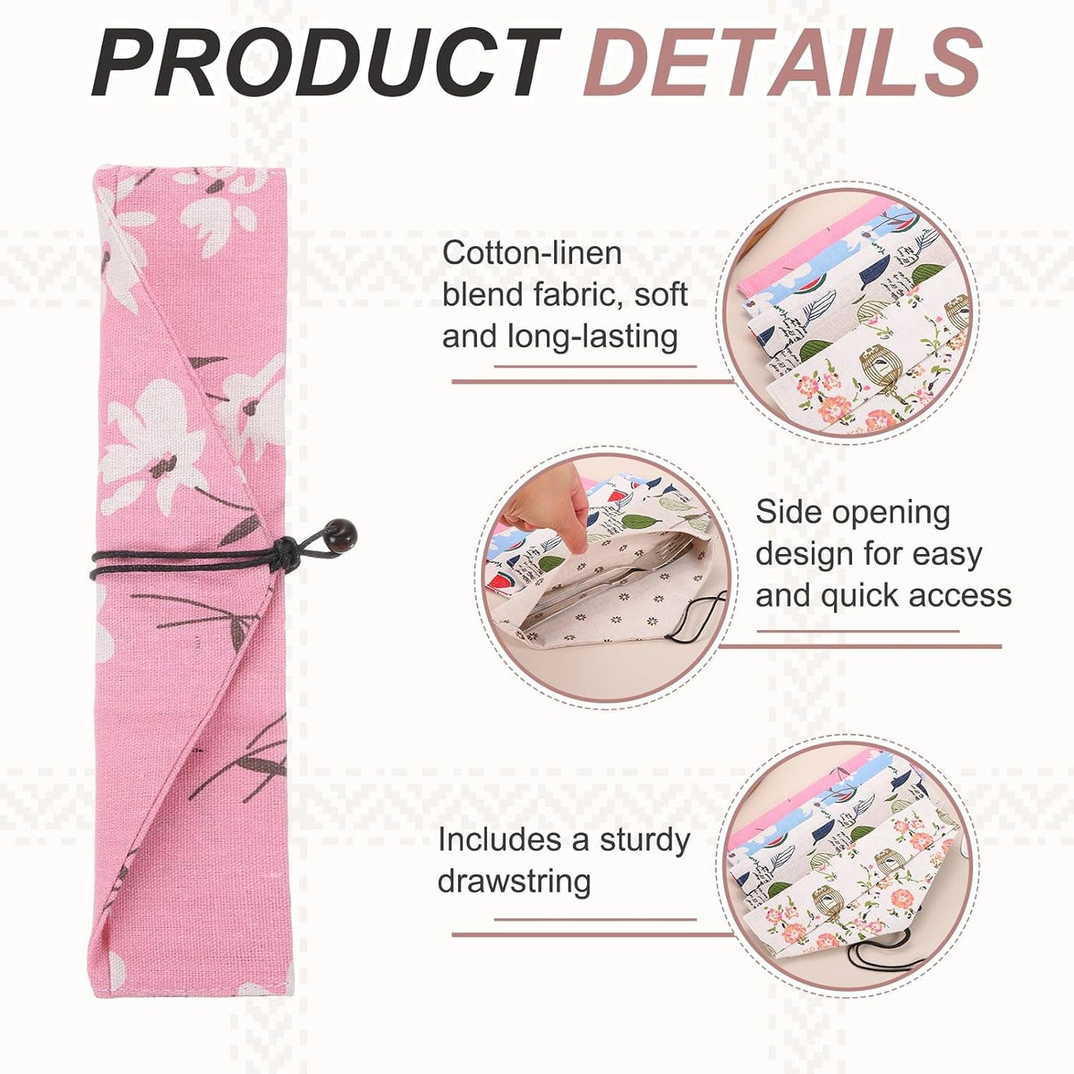uxcell Chopstick Case, 9 Pcs Chopstick Storage Japanese Style Cutlery Pouch Portable Utensil Travel Case Bag Sleeves Tableware Storage for Spoon Fork Straws, Pink Base White Floral