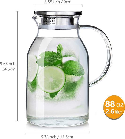 88OZ Glass Pitcher with Lid and Spout - High Heat Resistance Pitcher for Hot/Cold Water & Iced Tea (2.6L)