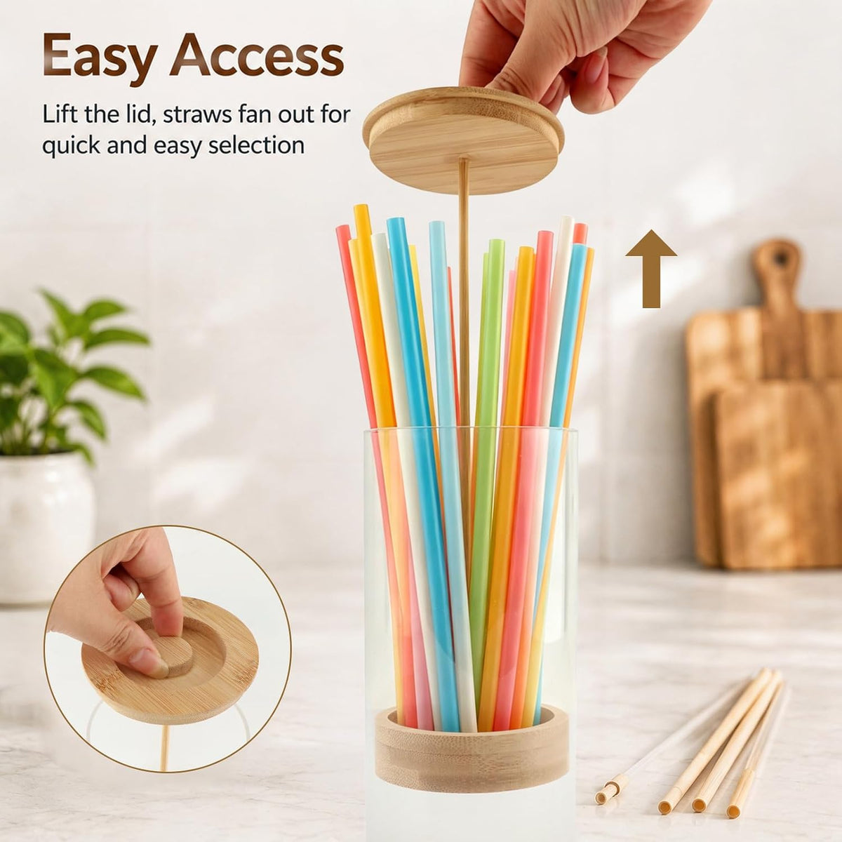 Straw Holder Dispenser for Counter, 10 Inch Clear Acrylic Straw Organizer Container with Bamboo Lid, Plastic Drinking Straw Storage Box for Home Kitchen, Cabinet, Office