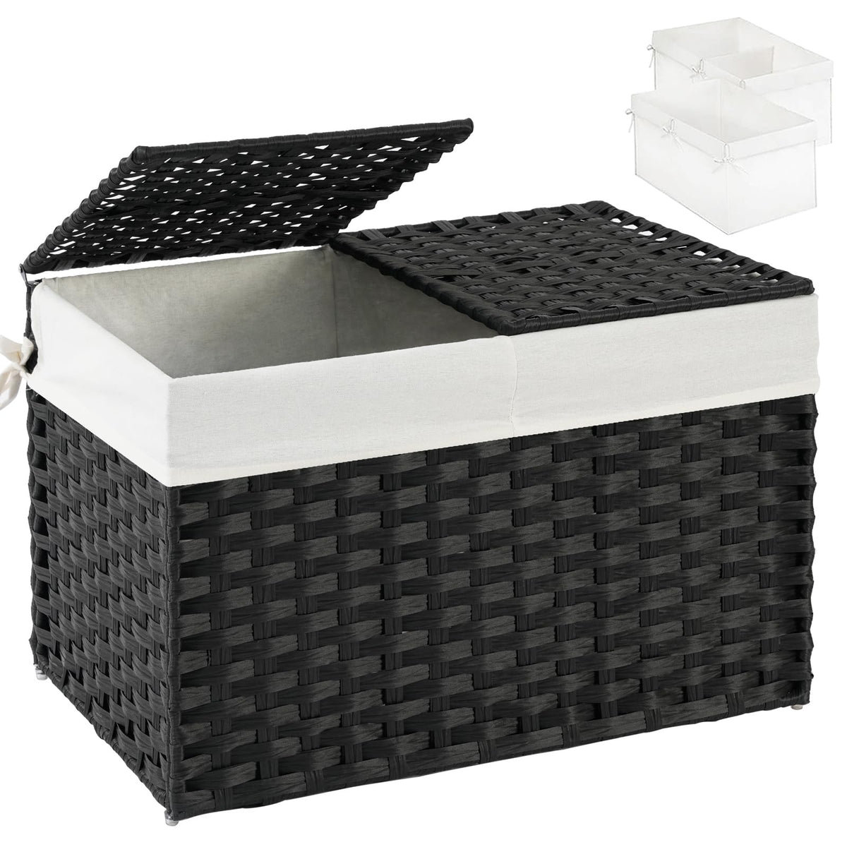 SETVSON Storage Basket with Lid Rattan Woven Storage Baskets with 2 Separate Lids, 17.2 Gallon (65 L), 22 x 13 x 13.8 Inches,Foldable, 2 Removable Liner Bags Handles for Bedroom, Laundry Room Natural