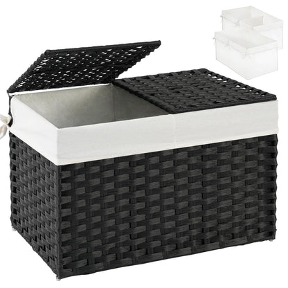 SETVSON Storage Basket with Lid Rattan Woven Storage Baskets with 2 Separate Lids, 17.2 Gallon (65 L), 22 x 13 x 13.8 Inches,Foldable, 2 Removable Liner Bags Handles for Bedroom, Laundry Room Natural