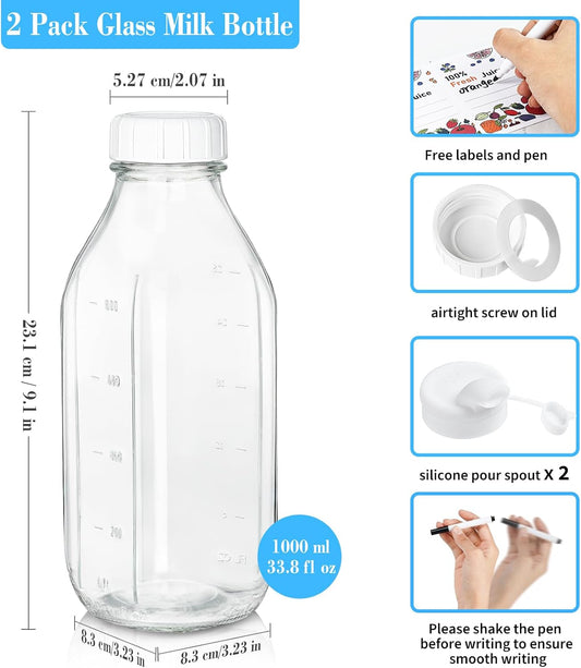 Syntic 2 Pack 32 Oz Glass Milk Bottles with Airtight Lids & 2 Caps