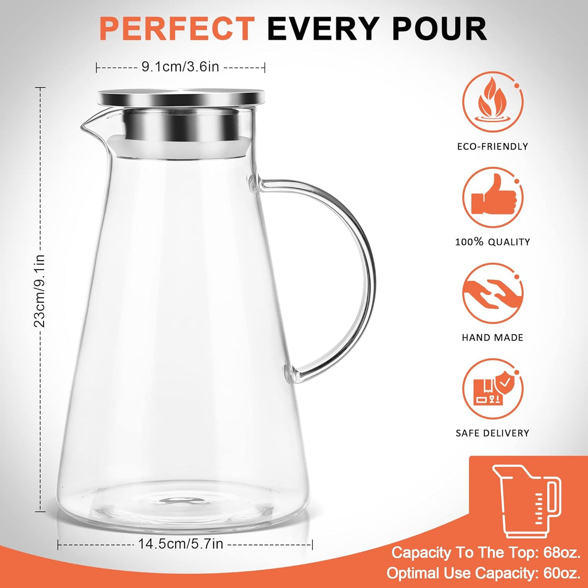 SUSTEAS 2L/68oz Glass Pitcher with Lid and Handle,Carafe for Hot/Cold Water