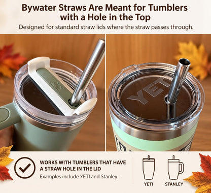 Made in USA Bywater Stainless Steel 12 Inch Straw Set of 2 Food Grade Premium Straws. Fits Stanley, Yeti Straw Lid and Many Others With Standard Straws. DOES NOT FIT FLIP STYLE LIDS