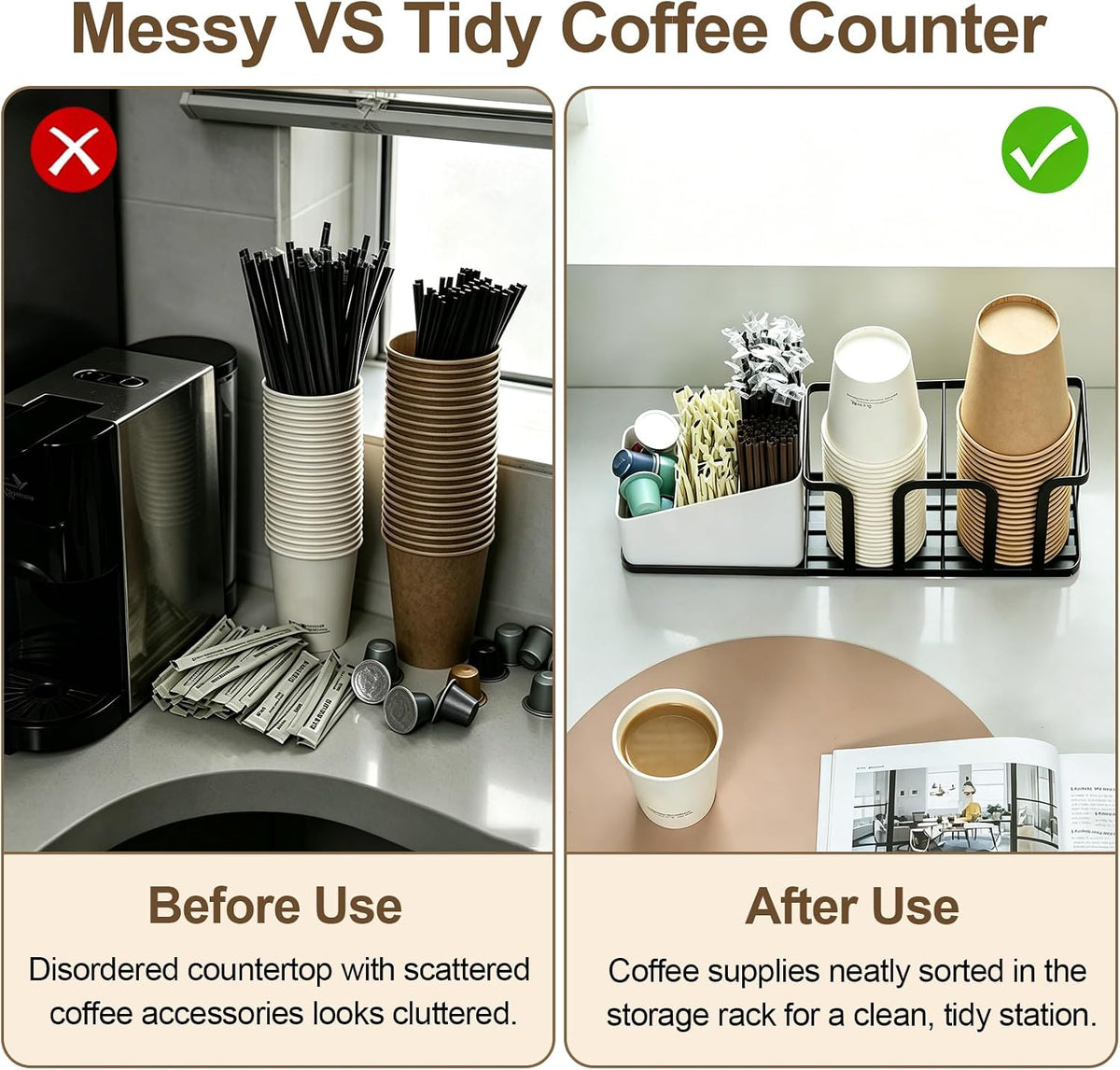 Coffee Cup and Lid Holder Organizer 18oz,5-Compartment with storage box for coffee pods, straws and Packets,Ideal for kitchen, Countertop coffee station bar & office,Black and White
