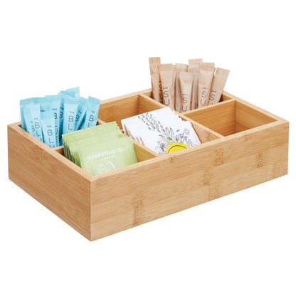 mDesign Slim Bamboo Wood Compact Food Storage Organizer Bin - 3 Divided Sections - Holder for Seasoning Packets, Pouches, Soups, Spices, Snacks - Natural