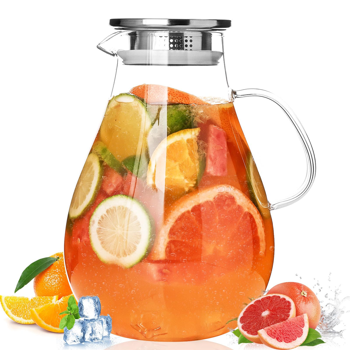 1 Gallon Glass Pitcher with Lid and Handle, Hot & Cold Water Jug, Extra-Wide Mouth Beverage Carafe for Juice, Iced Tea & Drinks