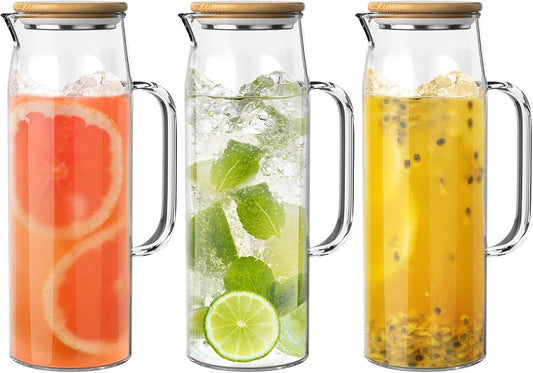 3 Sets Glass Pitcher with Lid, 50 oz / 1500 ml Water Carafe with Handles Hot Cold Beverage Water Jar Glass Jug (Bamboo lid)