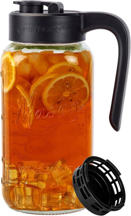 Mason Jar Pitcher with Tea Filter, 64 oz Glass Pitcher with Lid